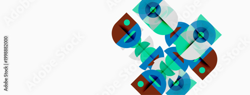 Abstract geometric shapes, circles, squares, overlapping forms. Teal, red, white color scheme creates modern design. Minimalist aesthetic.