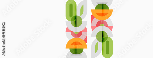 Abstract geometric shapes overlap, creating colorful linked pattern. Minimalist design uses soft hues, simple forms.