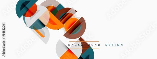 Abstract geometric shapes overlap, creating dynamic composition. Orange, teal, gray tones dominate white background. Modern design element.