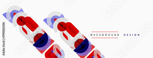 Abstract geometric shapes overlap, creating dynamic visual effect. Red, blue, gray tones dominate white background. Modern design element.