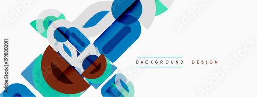 Abstract geometric shapes overlap, creating dynamic composition. Blue, brown, green hues dominate white background. Modern design element.