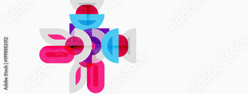 Abstract floral design. Pink, blue shapes overlap creating dynamic composition. Minimalist style, clean lines, modern aesthetic.