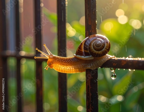 Snail crawling on a wet metal fence during a rainy day with sunlight in the background