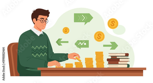 Man Stacking Coins, Financial Growth, Investment, Savings, Business Success, Education