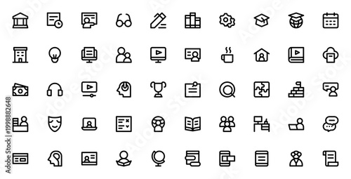 Learning icon set. Vector illustration pack with symbols for school, online course, teacher, library, research, student, education, books, test and more.