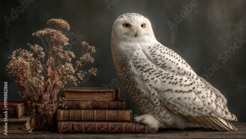 Snowy owl perched on a stack of antique books with dried flowers beside it, set against a dark textured background creating a classic still life composition