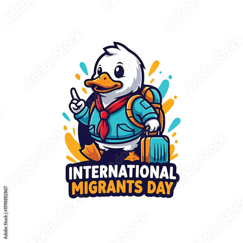 Cartoon Duck Character Celebrating International Migrants Day.