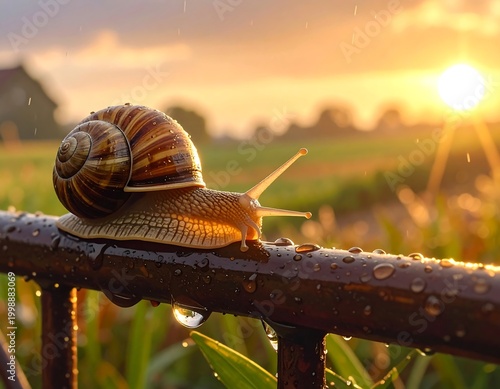 Snail's Journey: Exploring a Wet Fence at Sunset, a Microcosm of Nature's Beauty
