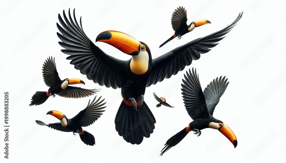 Obraz premium A toucan is flying alone, with its wings spread, against a white background