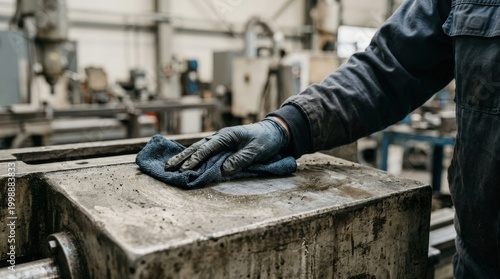 Factory Worker Cleaning Machinery Surface with Blue Cloth in Industrial Environment