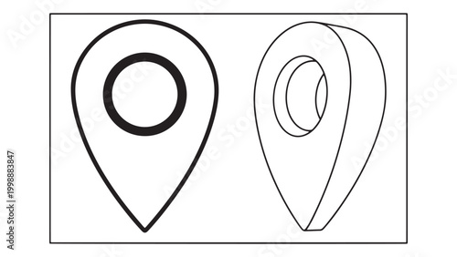 Two distinct black outline location pin icons, one flat 2D and one isometric 3D, representing navigation, GPS, and map markers for digital design.