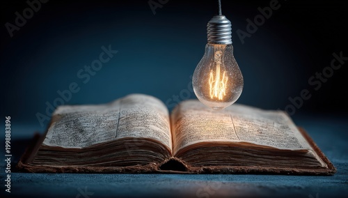 Open vintage book with yellowed pages illuminated by a hanging incandescent light bulb against a dark background, creating a warm and inviting atmosphere for reading