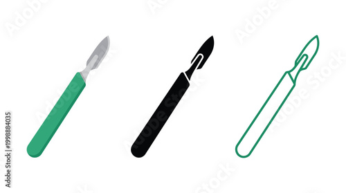 Professional surgical scalpel with green handle icons on white background.