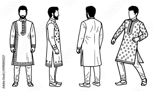 A collection of black and white illustrations showcasing men in traditional Indian attire from multiple angles