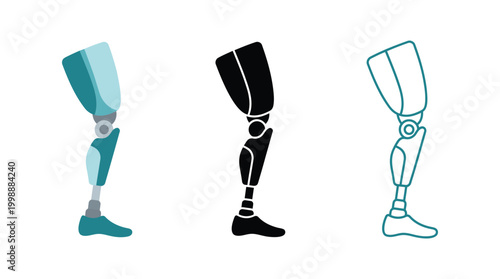Prosthetic leg icon set different styles and colors vector illustration medical equipment flat design.