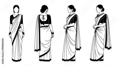 Elegant black and white illustrations of Indian women gracefully adorned in traditional saris, showcasing cultural beauty and classic fashion through various poses