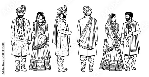 Elegant line art depicting an Indian wedding couple in traditional attire. Multiple views showcase the bride and groom wearing their exquisite ceremonial cultural garments