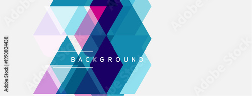 Abstract geometric shapes, blue, purple hues dominate design. White space provides contrast, modern aesthetic.