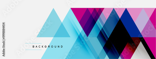 Abstract geometric design. Overlapping triangles create vibrant, modern background. Blue, pink, purple hues dominate composition.