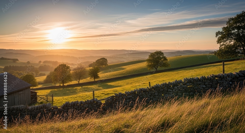 Obraz premium Vibrant landscape of a rural scene, with golden hour sunlight, rolling hills, and a rustic stone wall.