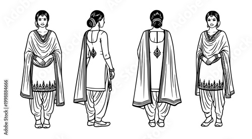 Illustrative vector guide of a woman wearing traditional South Asian ethnic clothing, showcasing clear front, side, and back profiles for fashion design and cultural studies
