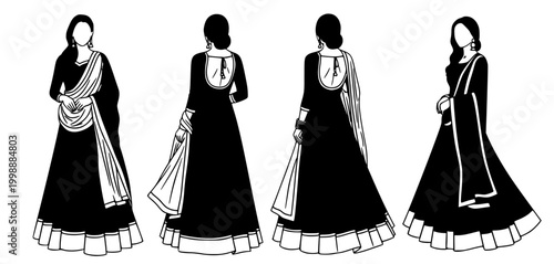 Set of four elegant Indian women in traditional black attire with draped dupattas, viewed from front and back