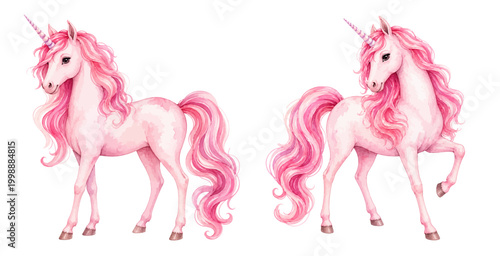 A charming watercolor set of pink unicorns featuring flowing manes and magical horn details illustrated in a whimsical fantasy style.