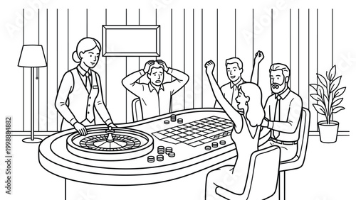 Casino table scene with people betting and interacting during high stakes gambling session.