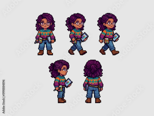 pixel art character spritesheet of a creative woman with purple hair, glasses, and a colorful sweater holding a digital tablet.