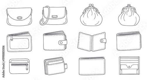 Hand-drawn collection of wallets and purses, fashion accessories, line art vector