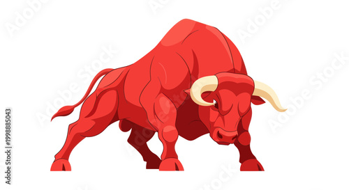 Powerful Red Bull Illustration with Horns Charging Forward