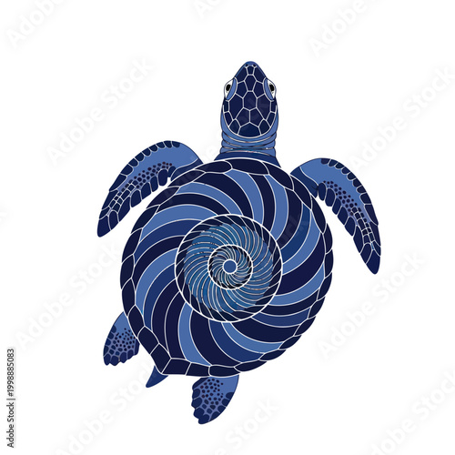 Stylized Blue Sea Turtle with Swirling Shell Pattern, Marine Life, Vector Art