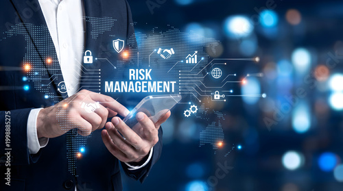 Business man interacting with a smartphone displaying a risk management concept with interconnected icons and graphics