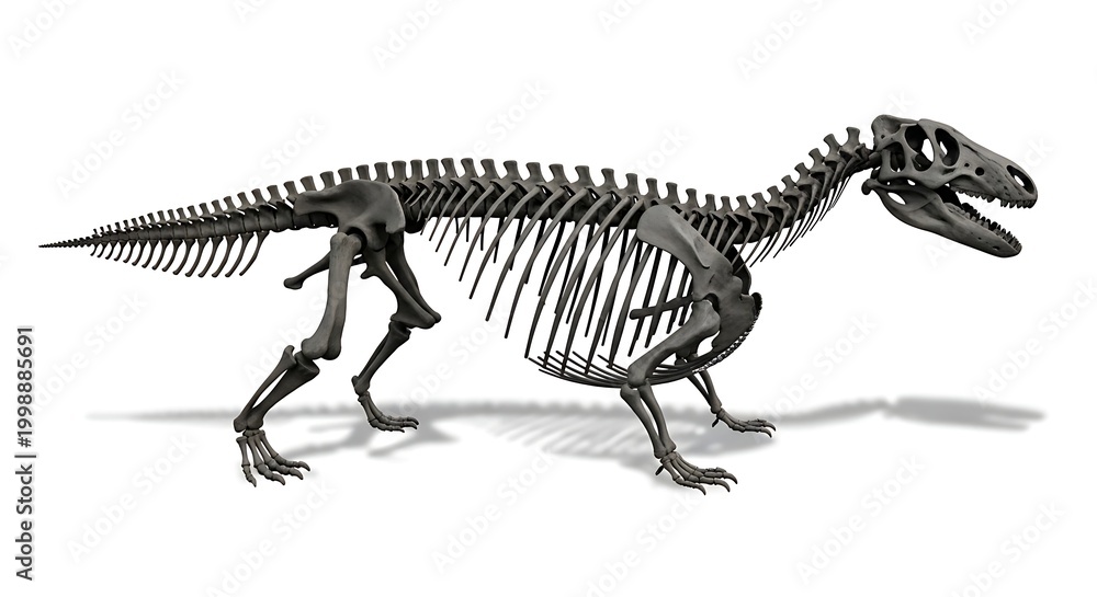Fototapeta premium Detailed skeletal reconstruction of a large bipedal dinosaur, showcasing its bone structure and posture on a white background.