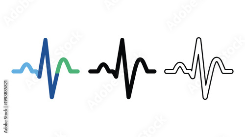 Set of heartbeat pulse rhythm icons for medical monitoring in three visual variations.