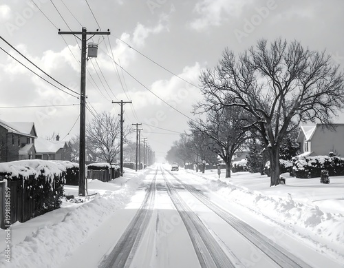 Snow-Covered Suburban Street in Black and White with tire tracks in the road