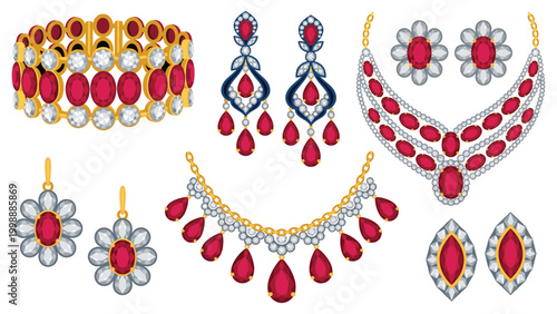 Luxury jewelry set with red gemstones, ruby diamonds in gold and silver elegant accessories.