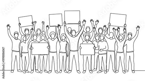 Continuous line drawing of a diverse crowd of protesters holding blank placards.
