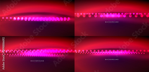 Four abstract red backgrounds. Each features glowing dots, curved shapes, dark gradients. Minimalist design, elegant presentation.