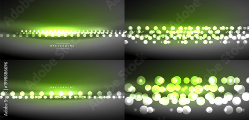 Four green backgrounds display bokeh effects. Light dots create soft glow, gradient transitions present visual depth. Minimal text labels background elements.