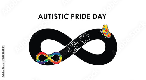 Colorful infinity symbol illustration celebrating autistic pride day with butterfly and puzzle piece design elements included