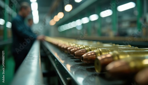 Ammunition production line in factory. Workers oversee automated machinery assembling bullets. Precision manufacturing process for cartridges, focus on industry, defense, and safety gear.