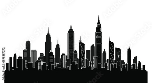 City skyline silhouette displays a dense urban landscape of tall modern skyscrapers.