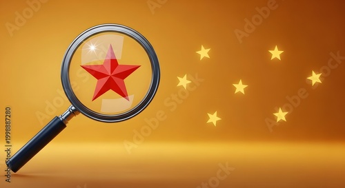 Magnifying Glass on Red Star Icon with Sparkle Background