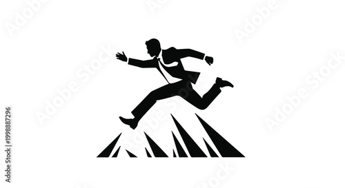Businessman jumps over a sharp obstacle to represent overcoming a difficult challenge.