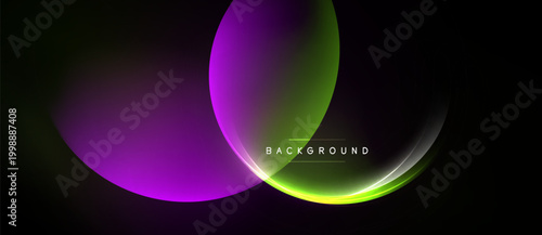Abstract design features overlapping circles. Vibrant purple, green hues blend against dark backdrop. Modern, sleek aesthetic.