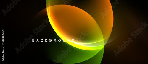 Abstract layers overlap, creating vibrant orange, green glow. Dark background emphasizes luminous shapes, modern design element.