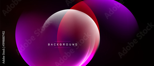 Abstract vibrant shapes overlap, creating dynamic gradients. Purple, red hues dominate dark background. Modern design element.