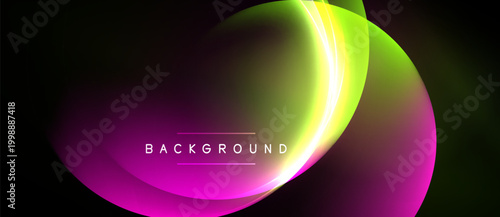 Abstract vibrant layers create flowing shapes. Gradient colors blend, forming dynamic visual effect. Background text present.