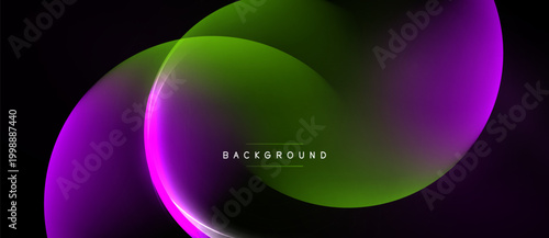 Abstract fluid shapes overlap, creating vibrant purple, green gradients. Dark background emphasizes luminous curves, modern design element.